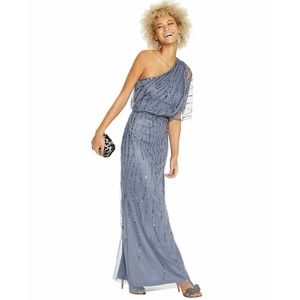 Adrianna Papell Women's Dusty Blue Sequined One Shoulder Gown Dress - 16